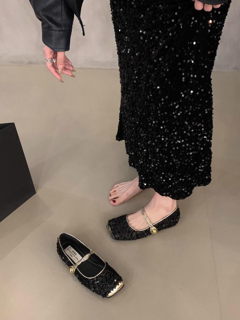 Niche high-end sequins Mary Jane single shoes women's shoes 2025 new spring flat-bottomed French temperament evening shoes
