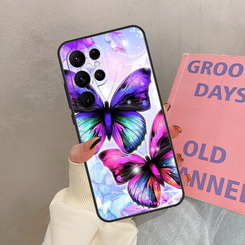 Black Beautiful Butterfly Case For Samsung Galaxy S24 Ultra S20 S21 S22 S23 S25 Ultra S9 S10 Plus S25 FE Cover Coque