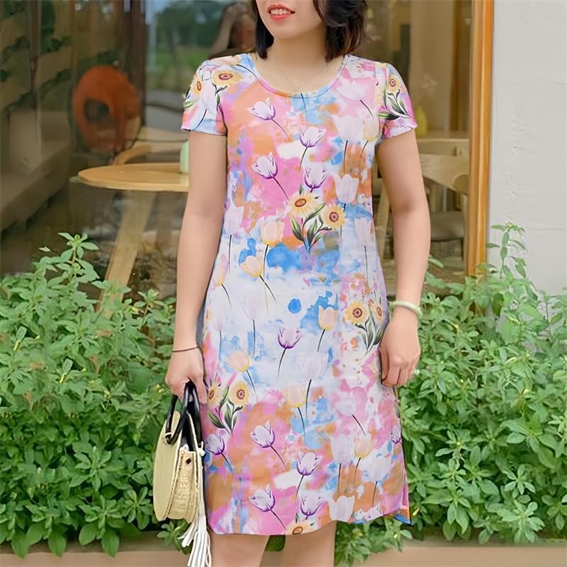 

Летнее платье в стиле бохо с цветочным принтом Женский сарафан Модный короткий рукав Праздничные платья Повседневный халат длиной до колена 6XL розовый