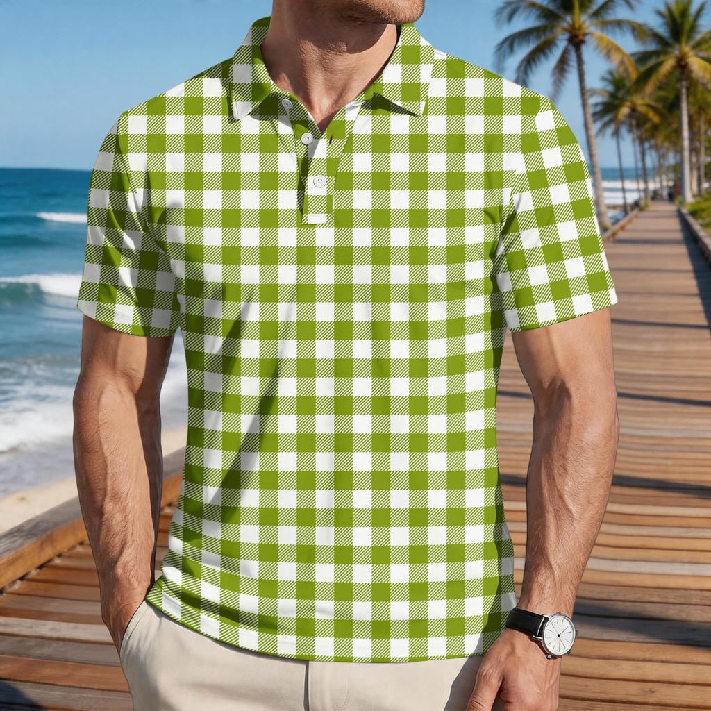 Mens Loose Fit Casual Plaid Print Short Sleeve Polo Shirt Classic Turn Down Collar Soft Lightweight Top