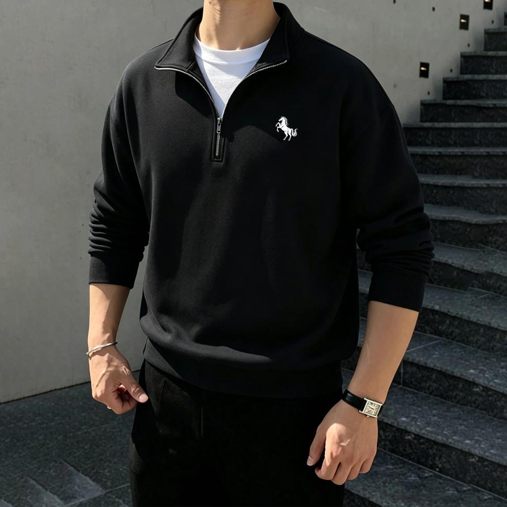 Men's stand-up collar quarter-zip hoodie with soft fleece lining and long sleeves-relaxed fit-a versatile,warm top suitable for both work and sports