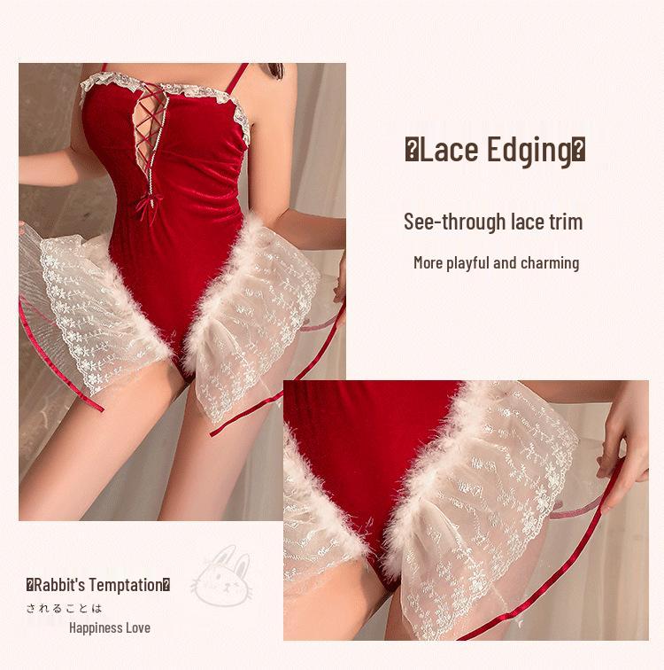Velvet Lace Embroidered Lingerie Set - Christmas Bunny Girl Temptation