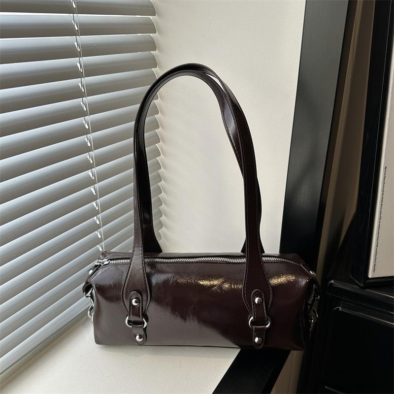Vintage Solid Color PU Shoulder Underarm Bag for Women Textured Simple Pillow Tote Portable Female Handbag