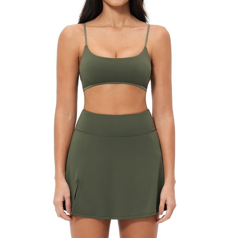 Womens Moisture-Wicking Tennis Skirt Set With Built-in Bra Sleeveless Sporty Two-Piece Outfit Running Gym Cycling