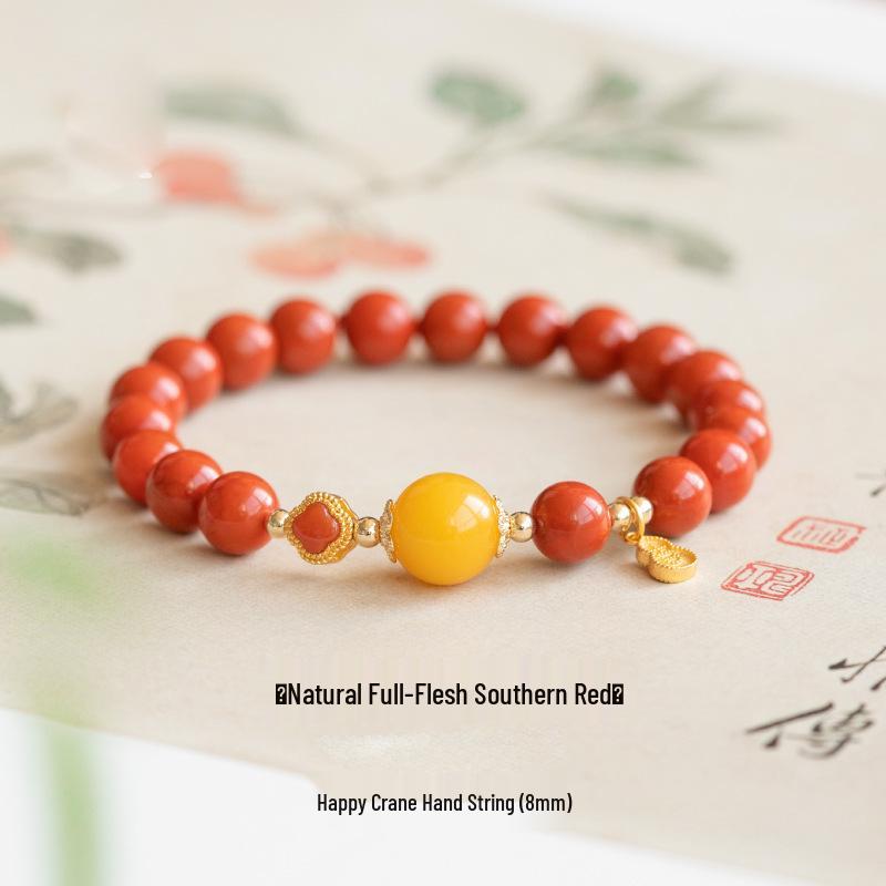 Red Agate & Amber Beaded Bracelet with Ruby Four-Leaf Clover for Women
