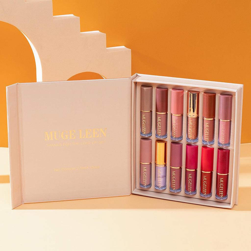 12-Piece Matte & Shimmer Lip Gloss Set: Non-Stick, Long-Lasting, European & American Style