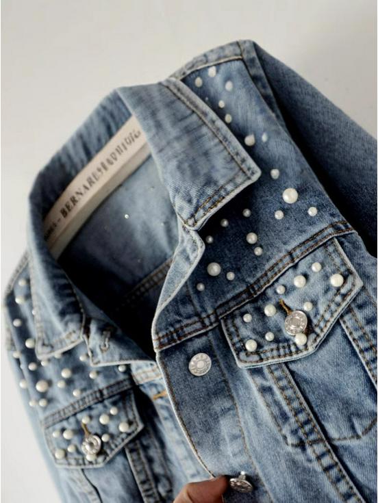 2025 Oversizowana damska kurtka dżinsowa z haftowanymi perłowymi koralikami