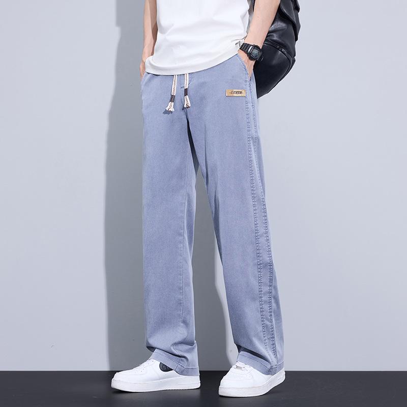 Men's Summer Tencel Jeans: Lightweight, Loose-Fit Straight-Leg Drawstring Sports Shorts, Trendy Workwear Casual Nine-Point Pants