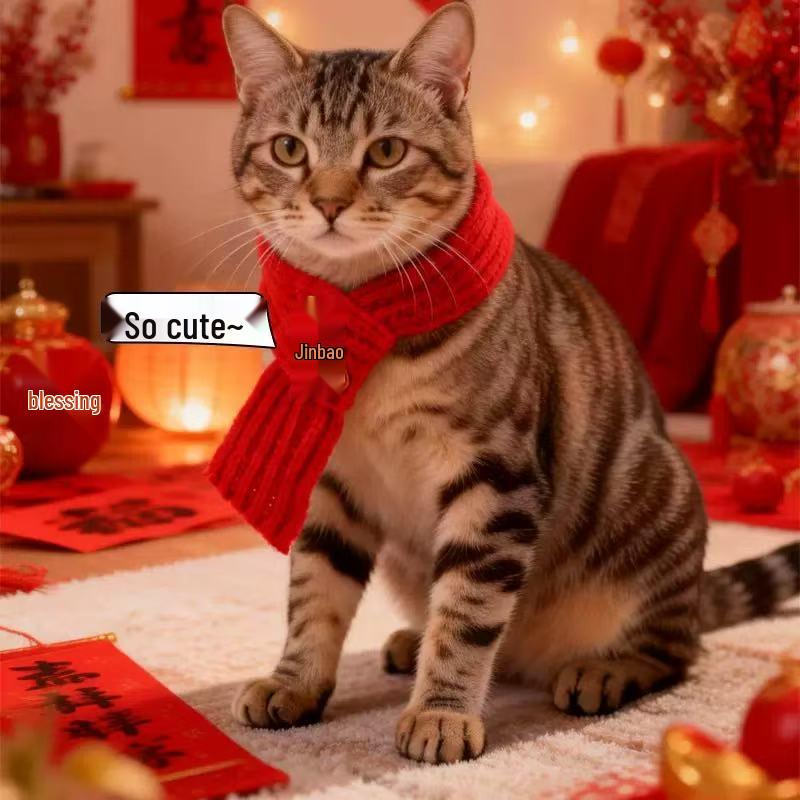 Red Knitted Cat Scarf: Warm, Festive, Odorless New Year Accessory