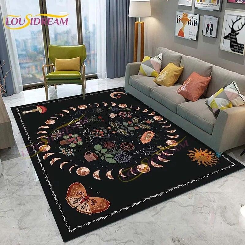 3D Starry Botanical Sun Moonlit Mushroom Rug Floral Hippie Moon Phase Carpet for Aesthetic Bedroom Living Room Vintage Game Mat