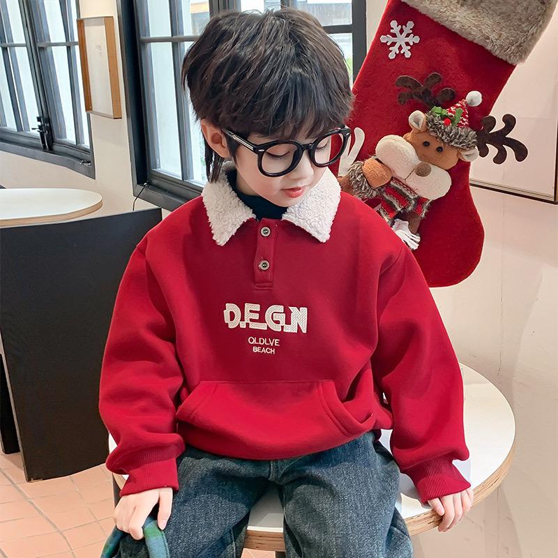 Fairy Tale Red Boys' Fleece Sweatshirt 2025 – Winter Thickened One-Piece Top for Children