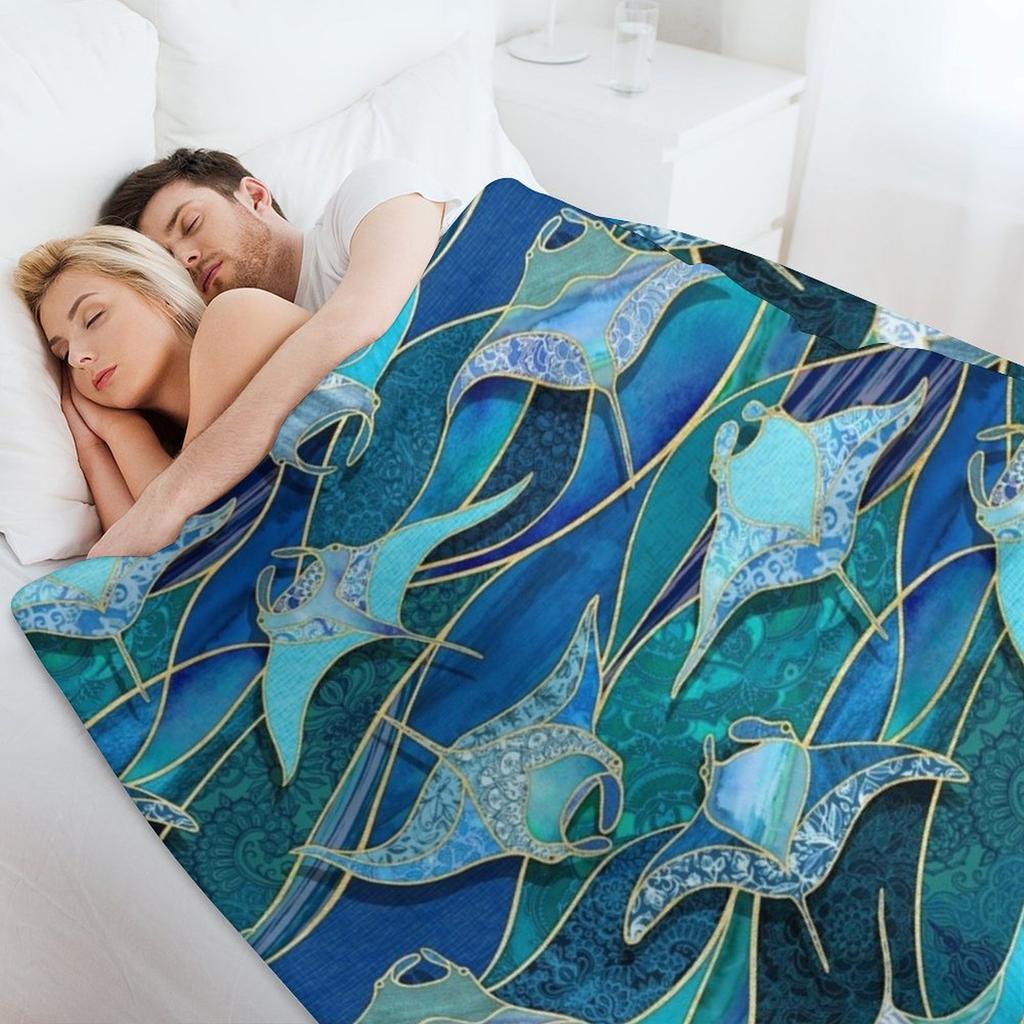 Patchwork Manta Rays In Sapphire and Turquoise Blue Throw Blanket for Winter Moving Single Extra Large Throw Blankets