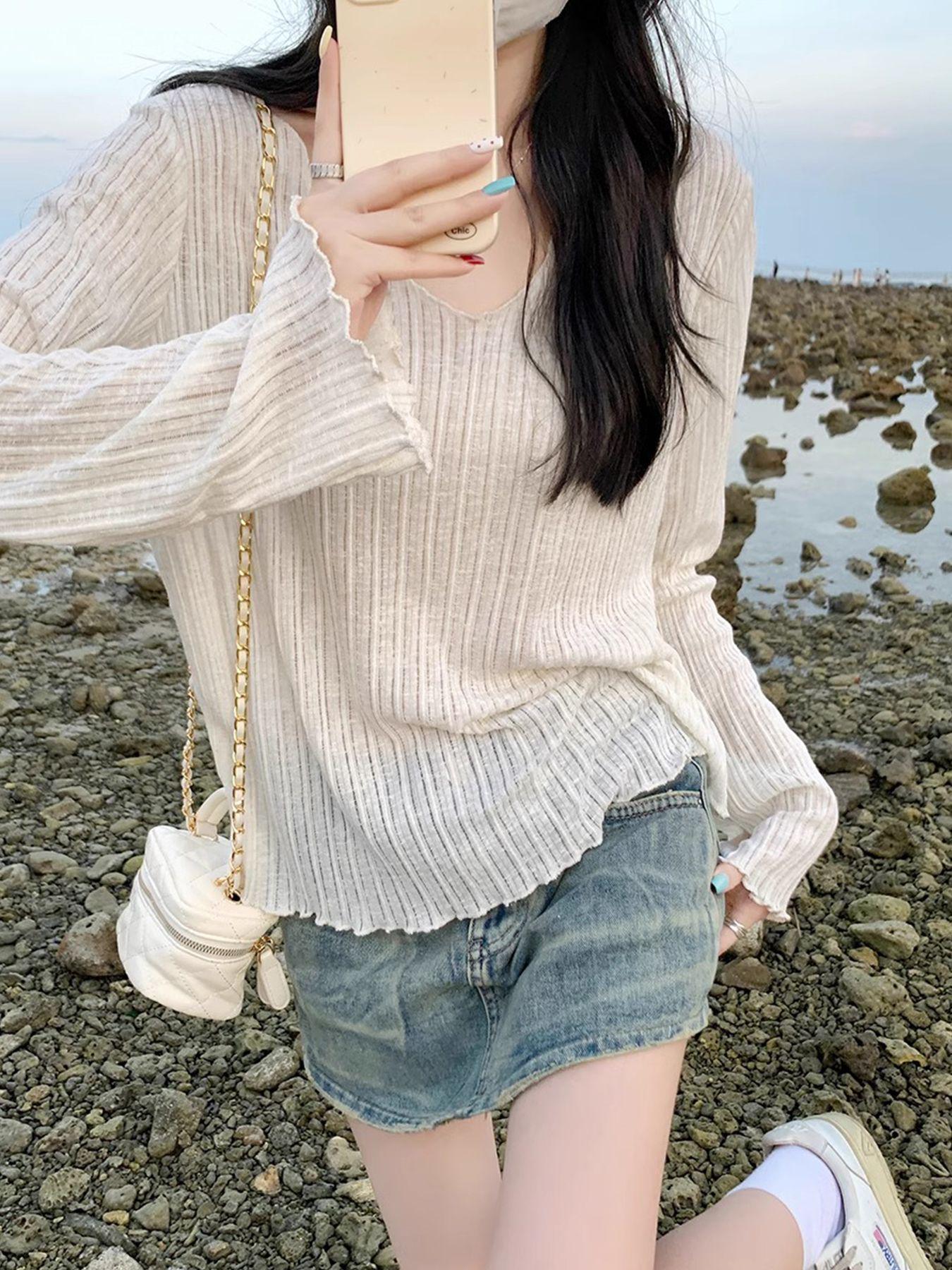 

Слегка прозрачный кардиган-футболка с длинным рукавом и оборками - Женский летне-осенний свободный стиль S бежевый