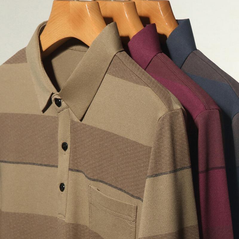 Men S Wide Striped Long Sleeve Turn Down Collar Polo Shirt