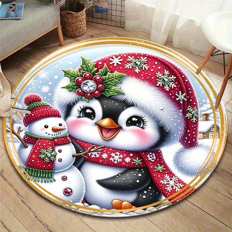 

1pc Soft, Absorbent & Non-Slip Cute Penguin and Snowman Round Rug, Perfect for Entryway, Living Room, Bedroom Decor, Machine Washable Flanne 80cm by 80cm