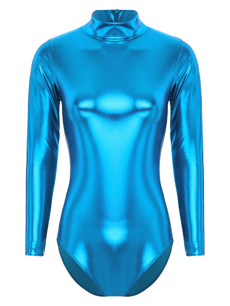 FYMNSI Body Danza A Maniche Lunghe Donna - Effetto Bagnato Metallizzato, Tuta Ginnastica Lucida, Scollo Alto, Blu, Taglia M