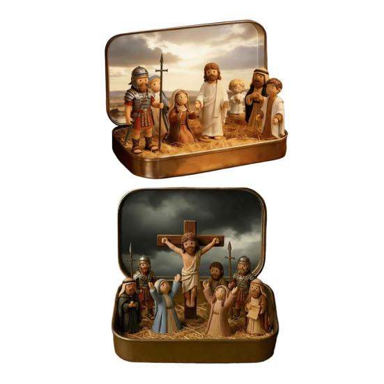 Kleiner Jesus in Blechdose Miniatur Jesus Kreuzigung Auferstehungsszene Ornament Tasche Jesus Figuren Set Religiöse Heim- und Büro-Schreibtischdekoration