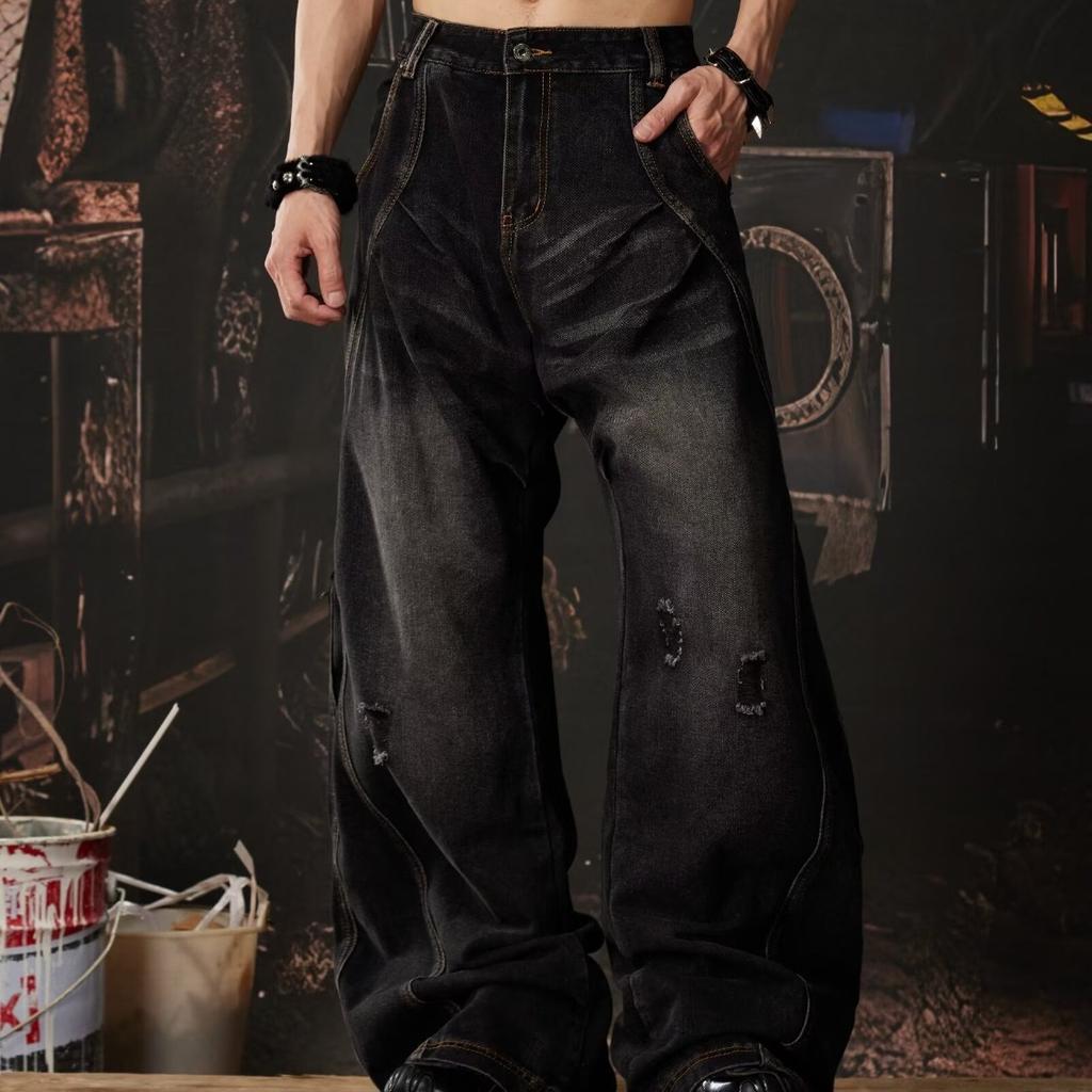 American Retro High Street Ripped Old Scimitar Jeans Men's and Women's Loose Straight Hip-hop Wide-leg Pants Sickle Pants