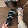 With Fashionable Square Head High Heels Thick Heel Slippers Rhinestone 2025 Summer New Thin Belt Wear Cool Slippers Women
