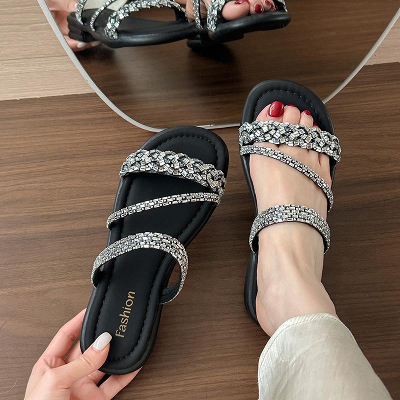 With Fashionable Square Head High Heels Thick Heel Slippers Rhinestone 2025 Summer New Thin Belt Wear Cool Slippers Women