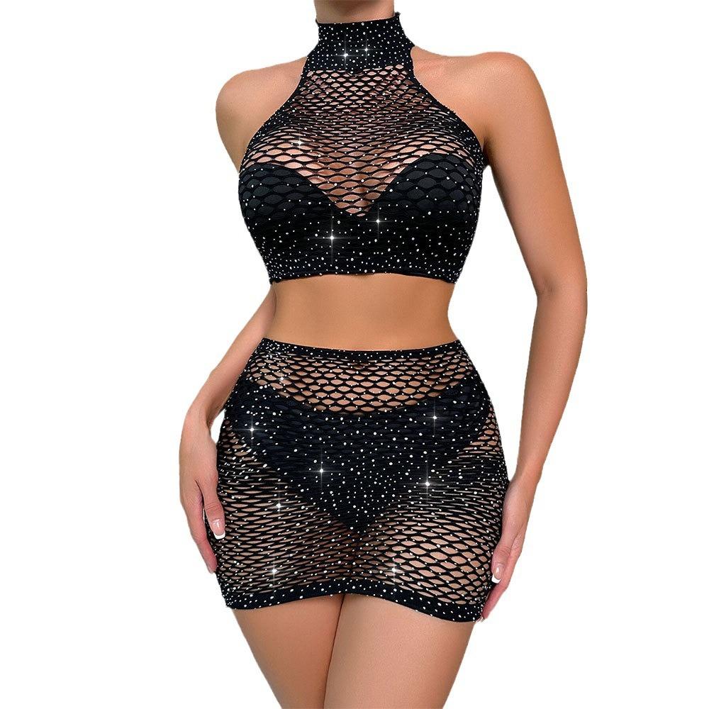 New sex underwear, two pieces of hot diamonds, shiny hip skirt, sleeveless exposed navel set.
