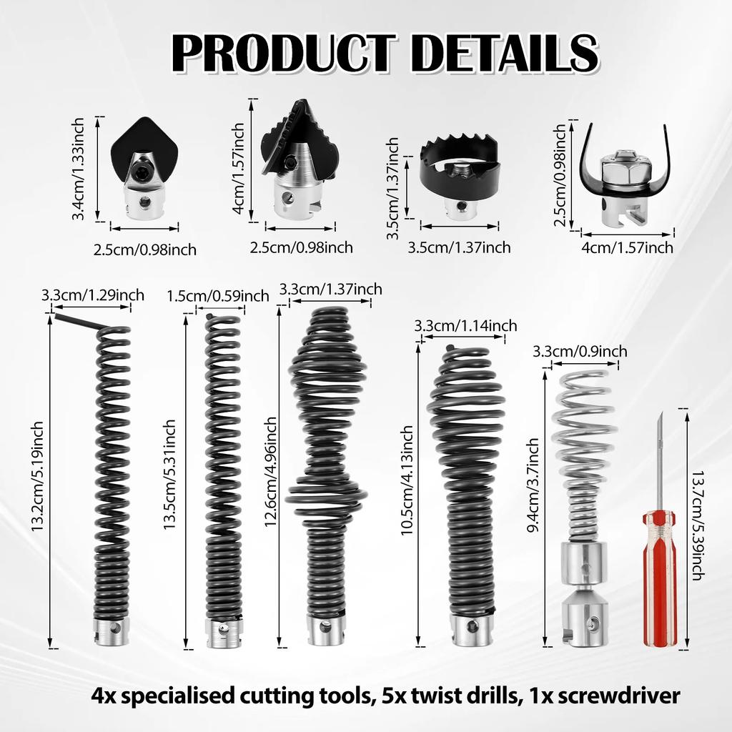 10Pcs Drain Cable Cutter and Auger Set Spring Sewer Dredging Tool for K-400 C-4/6/7/8/9 Model Cable Drain Snake Drill Attachment