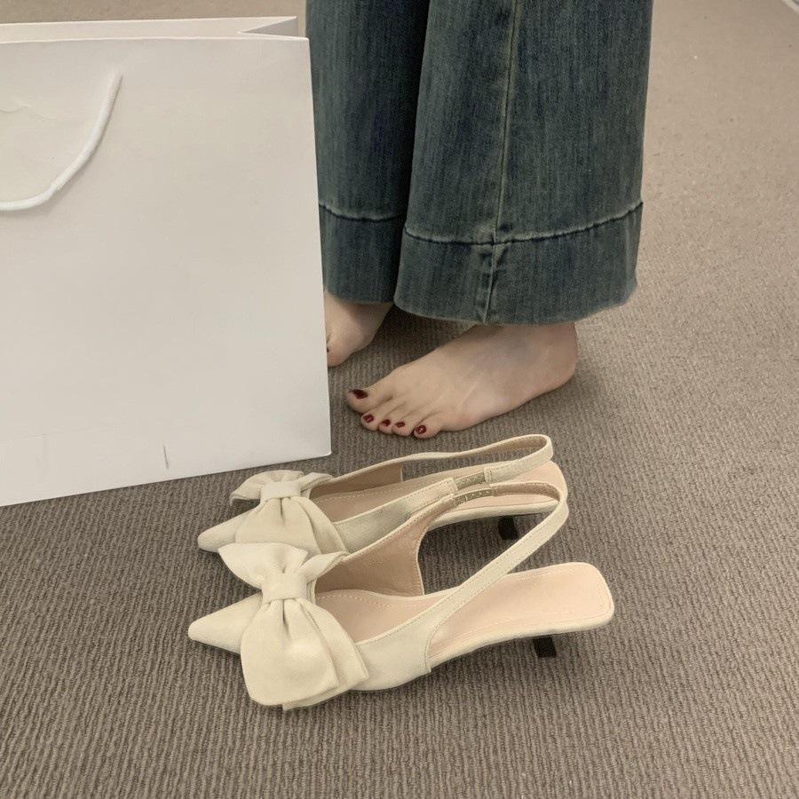 Suede Big Bow Bag Head Sandals Women's Shoes Kitten Heel Empty Pointed Head Beautiful Single Shoes Women