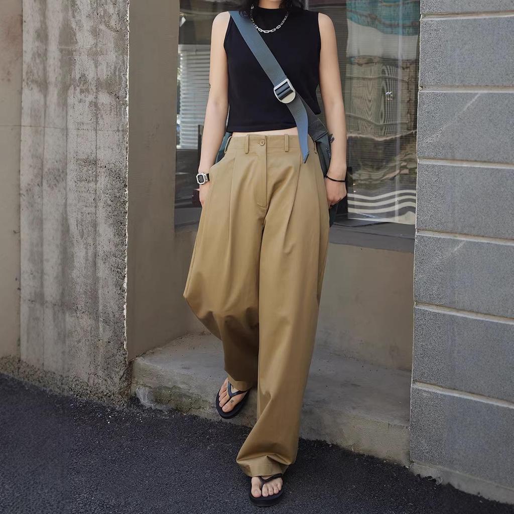 2026 New Style Women's Khaki High-Waisted Wide-Leg Drapey Casual Trousers