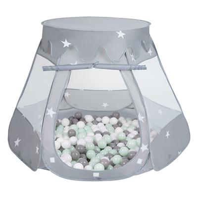 Selonis Play Tent 105x90cm/600 Balls Castle House Pop Up Ballpit Plastic Balls for Kids, Grey:white/grey/mint