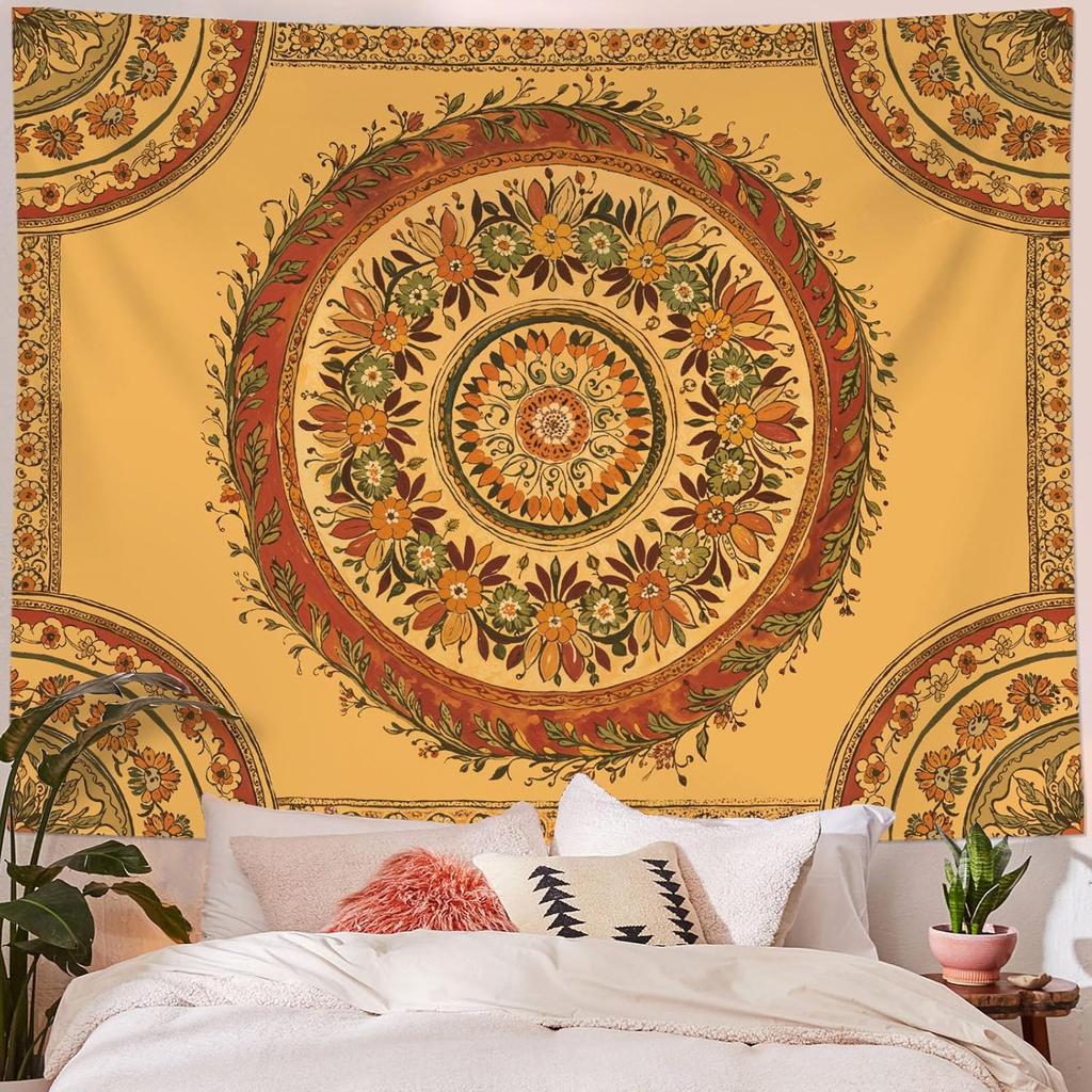 Boho Mandala Tapestry Wall Hanging Hippie Bohemian Floral Flower Medallion Tapestry Aesthetic Large Vintage Black Red Indian