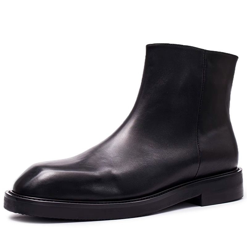 Side Zipper Martin Boots High Top Leather Shoes Trendy Brand Catwalk Square Head Chelsea Boots Men's Platform Short Boots