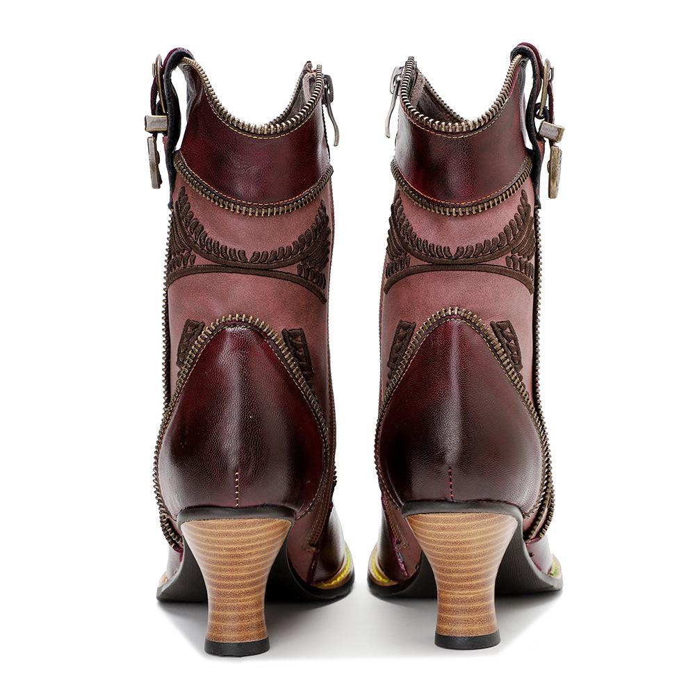 Johnature Fashion High Heels Shoes Genuine Leather Exquisite Embroidery Zipper Edge Women's Short Boots