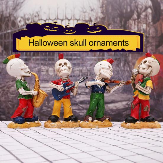 Rock Skeleton Figurine Skeleton Band Saxophonist Decoration Skeleton Guitarist Singer Statue Halloween Desktop Ornament for Mantel Shelf