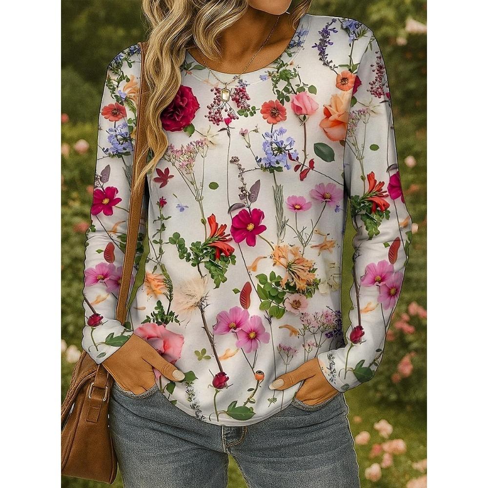Women's 3D Colorful Floral Print T-shirt Fashion Long Sleeve Round Neck Regular Tops Holiday Weekend Spring Autumn