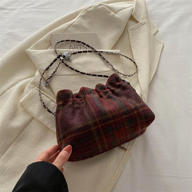 Classic Woolen Fabric Purse 2024 Spring Fashion Grid Pattern Shoulder Bag With Chain Strap красный