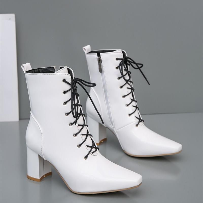 Móda Nadměrná velikost 47 Podzim Zima Kotníkové boty pro ženy Lakovaná kůže Vodotěsné Krátké boty Módní Šněrovací Červené Bílé Motorkářské boty