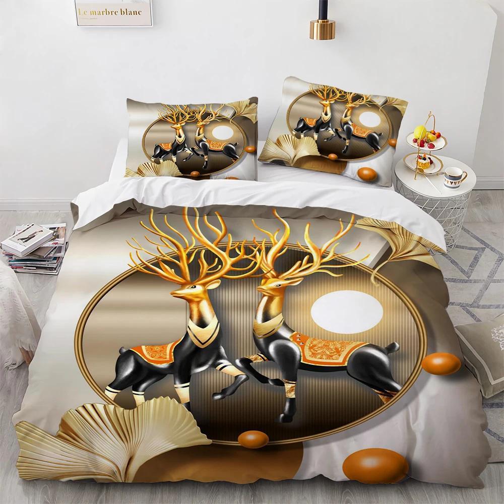 Cartoon Elk Duvet Cover King Queen Size Golden Deer Pattern Bedding Set for Teens Adults Wild Buck Quilt Cover with Pillowcase