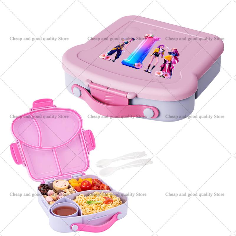 KPop Demon Hunters Lunch Box with Spoon Fork Sauce Case Girls Anime Letter School Picnic Bento Food Storage Containers Kids Gift