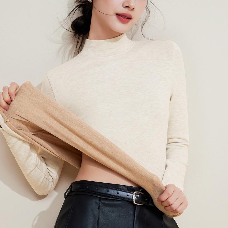 Autumn and Winter Mid-neck Wool Silk Thermal Underwear Women's Thickened Fleece Bottoming Shirt Warm Fleece Heating Autumn Clothes Top