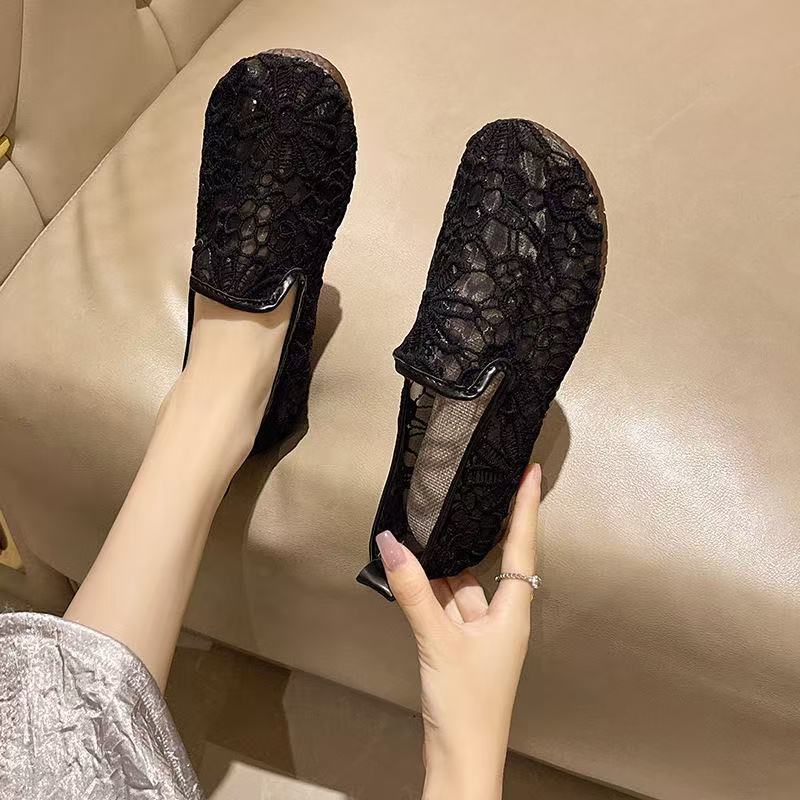 Summer thin mesh shoes women's lace sequins shallow mouth single shoes linen hollowed out old Beijing cloth shoes fairy wind Doudou shoes
