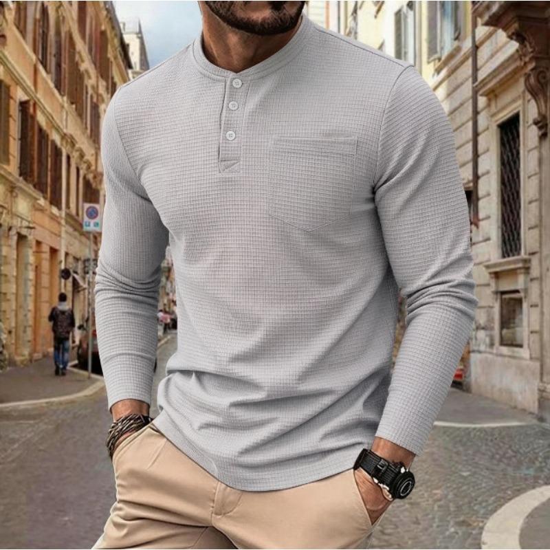 Mens Waffle Knit Henley Long Sleeve T Shirt With Pocket S