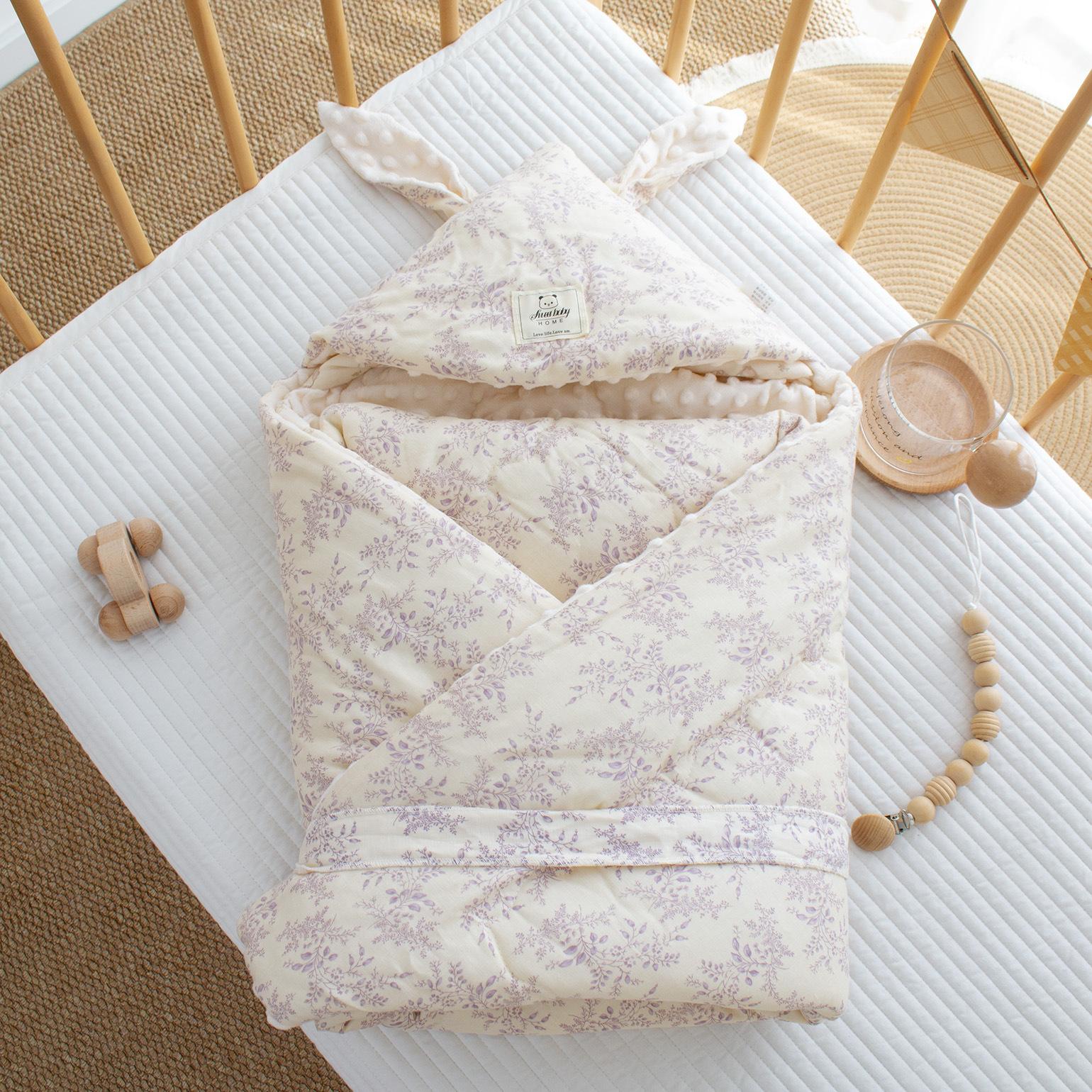 

Double layer gauze bean bun with newborn print, long ears, delivery room swaddling clothes, holding single, thick newborn baby