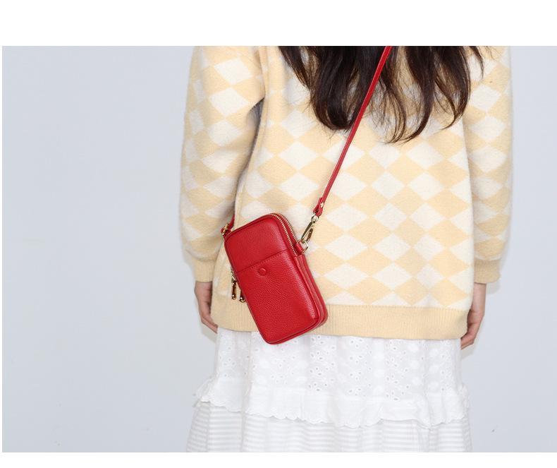 2025 Women's Genuine Leather Phone Bag: Korean Style, Double Zipper, Vertical Shoulder Square Bag