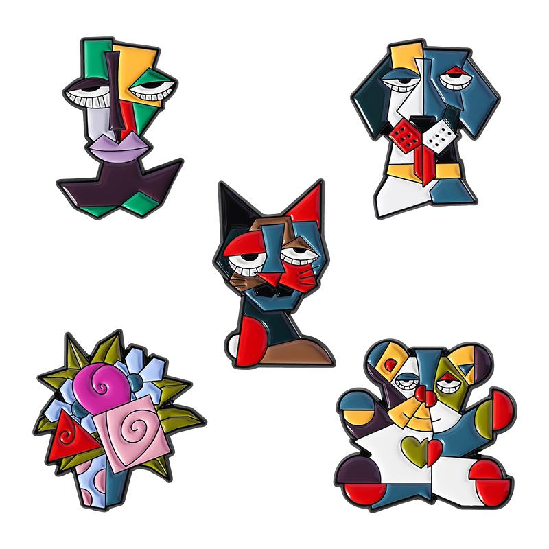 Contemporary Abstract Picasso Art Painting Enamel Pins Geometric Dog Cat Bear Brooches Lapel Badge Jewelry Gifts for Friends