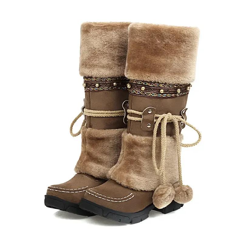 Mujer New Women Boot 2024 Winter New Medium Heel Cotton Boots Wool Ball Tall Boot Warm Student Snow Boots National Knight Boots