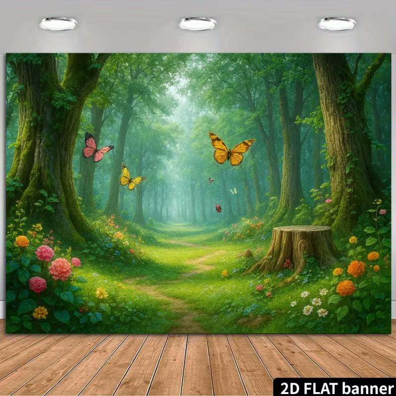 2D Magical Green Forest Backdrop Butterfly Floral Nature Scenery Photography Background 47.2x31.5inch/120*80cm