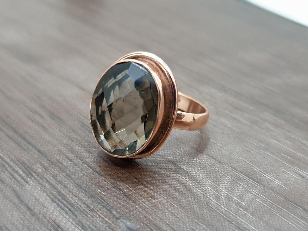 Oval Rose Cut Smoky Quartz 925 Sterling Silver Rose Gold Overlay Ring Jewelry