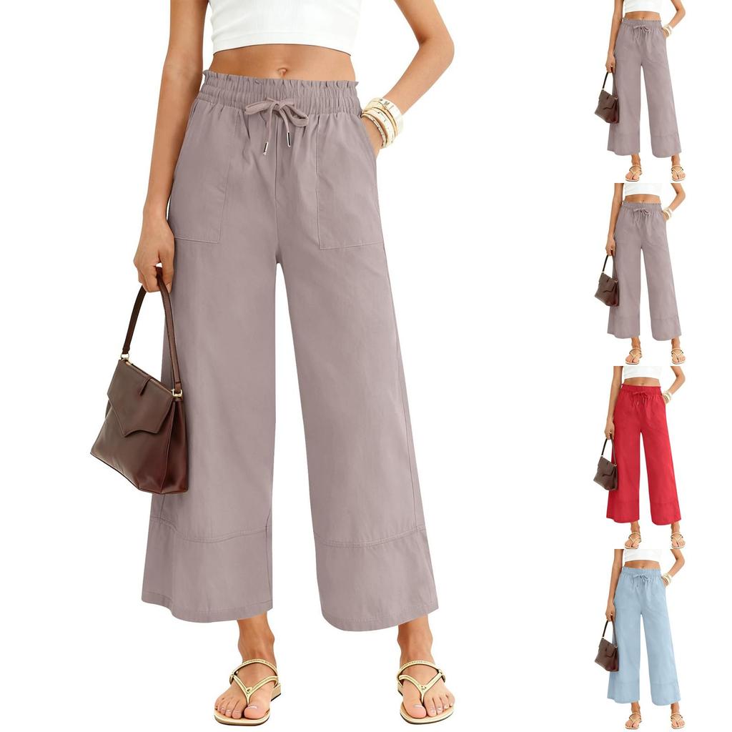 Pantalon Femme Élastique Taille Haute Coupe Décontractée Jambe Large Pantalon Long Pantalon Avec Poches