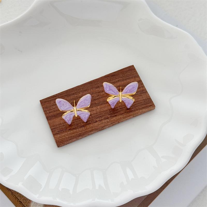 Purple Enamel Butterfly Stud Earrings for Women Cute Small Animal Lovely Sweet Female Ear Decoration Fashion Jewelry