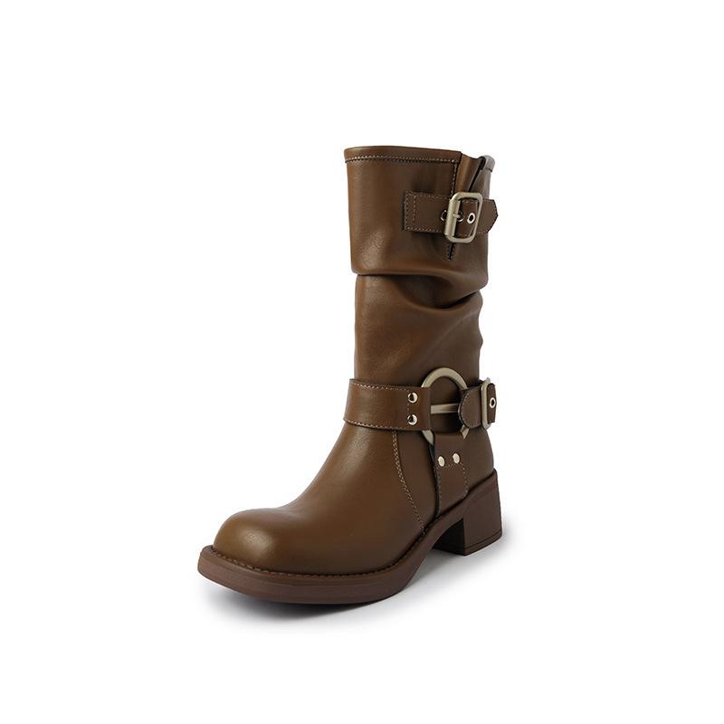 Y2k Western Gürtelschnalle Stiefel mit Blockabsatz, Mittellange Stiefel für Damen, Modische einfarbige Stiefel